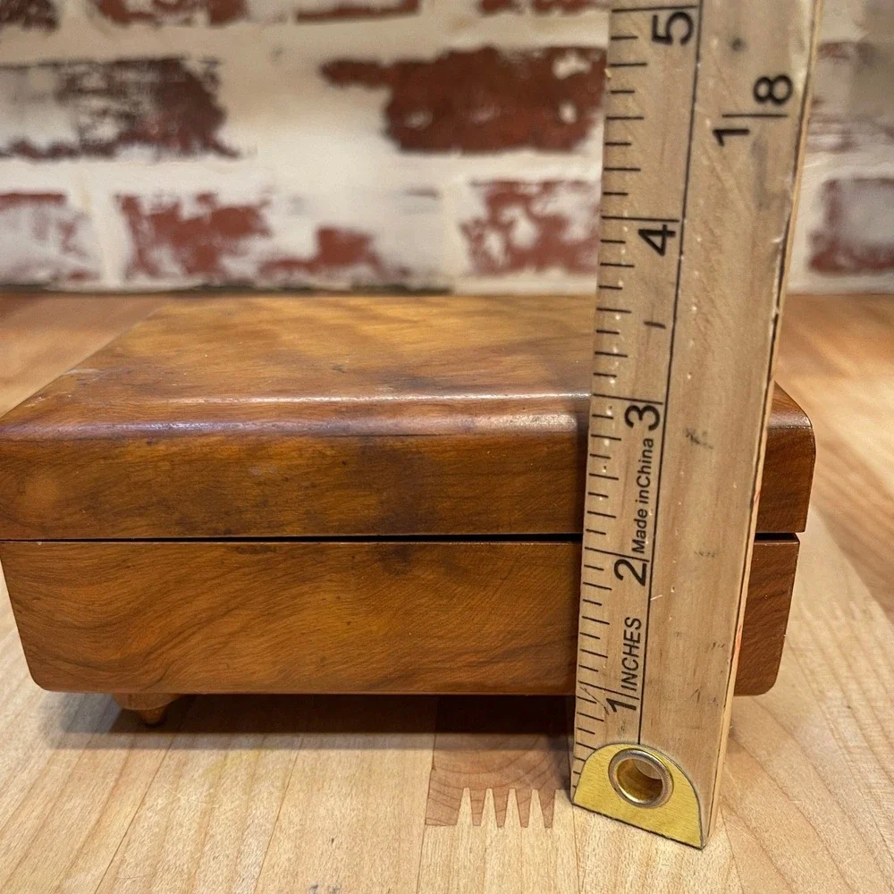 Vintage Reuge Swiss Music Box Wood Jewelry Case Minuet de Don Juan Footed Mirror